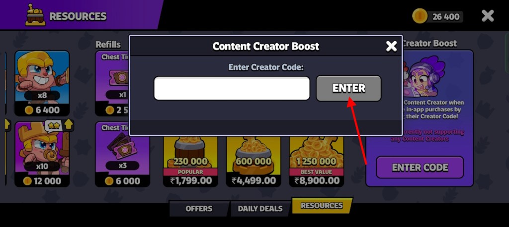 Use Creators Code option in Squad Busters