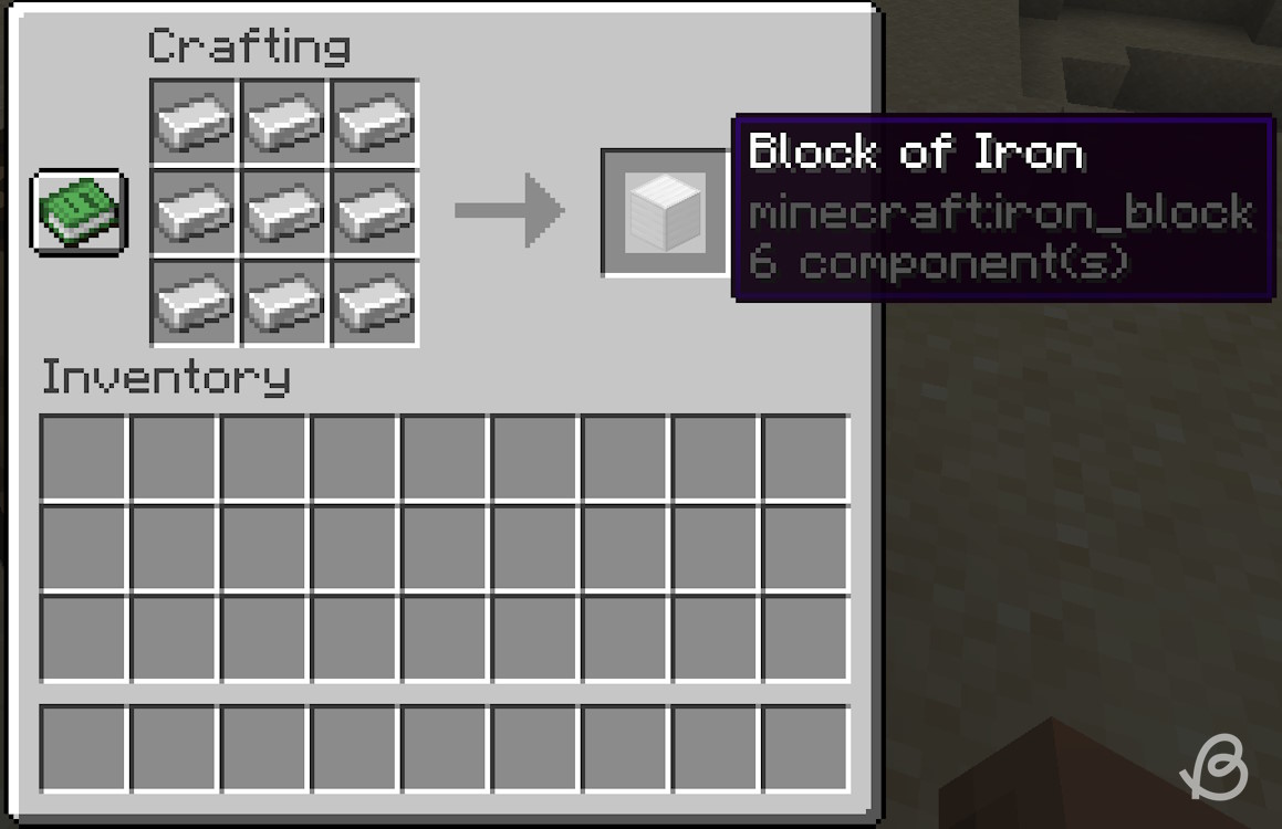 Crafting recipe for a block of iron in Minecraft