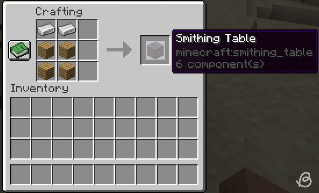 Crafting recipe for a smithing table in Minecraft