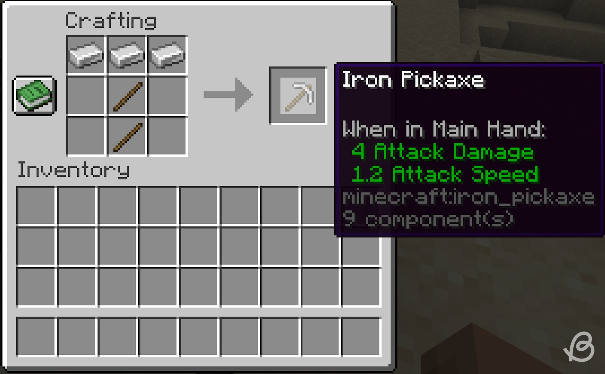 Crafting recipe for an iron pickaxe