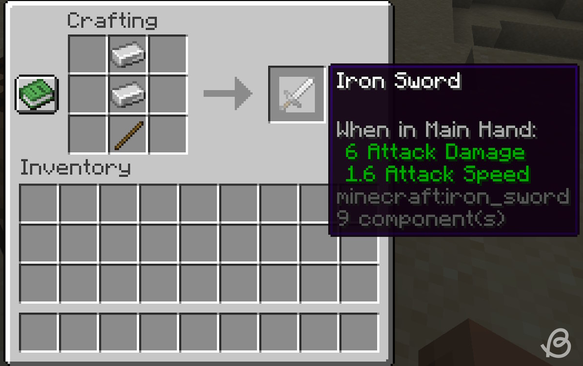 Crafting recipe for an iron sword in Minecraft