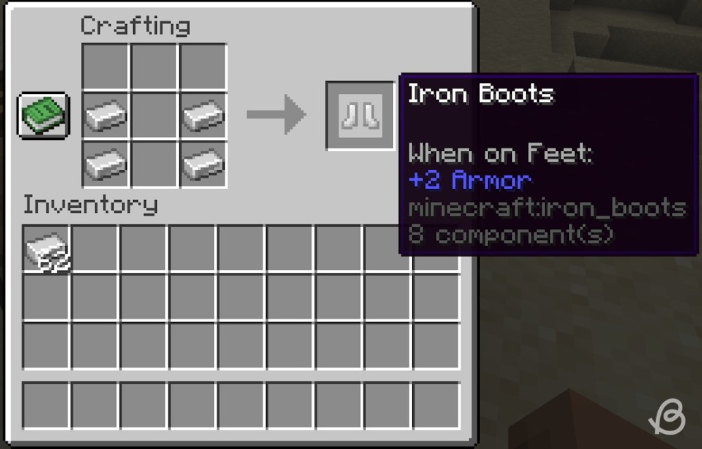 Crafting recipe for iron boots in Minecraft