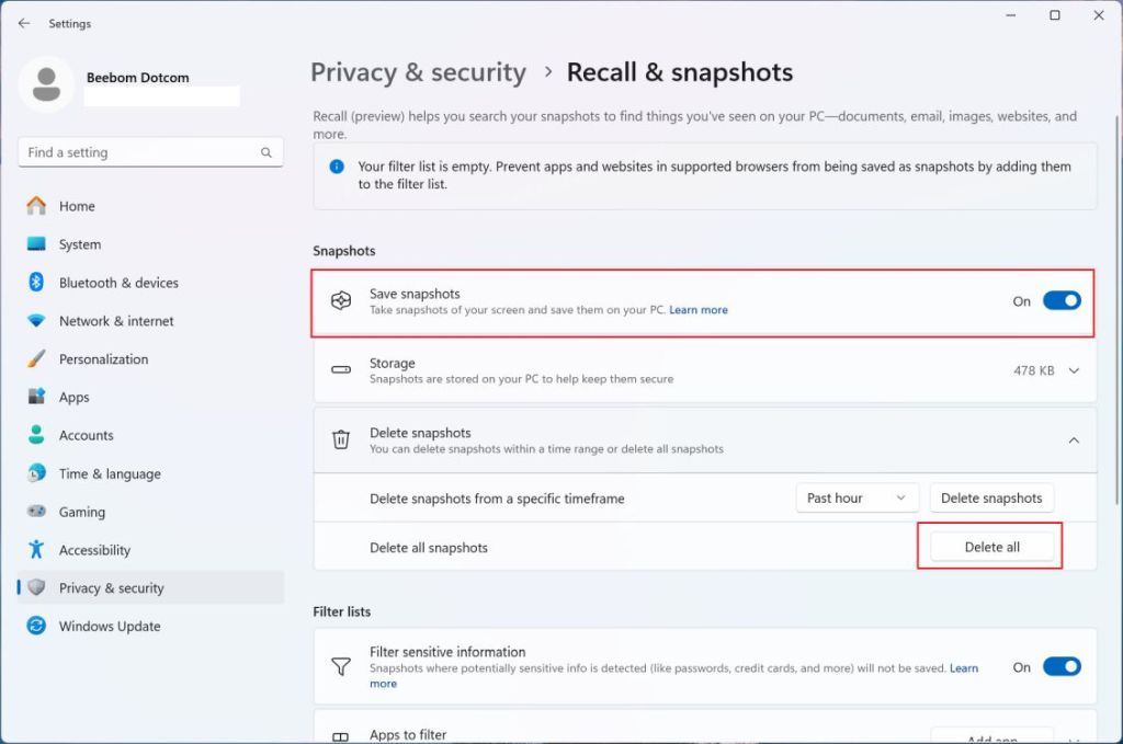 disable recall in windows settings