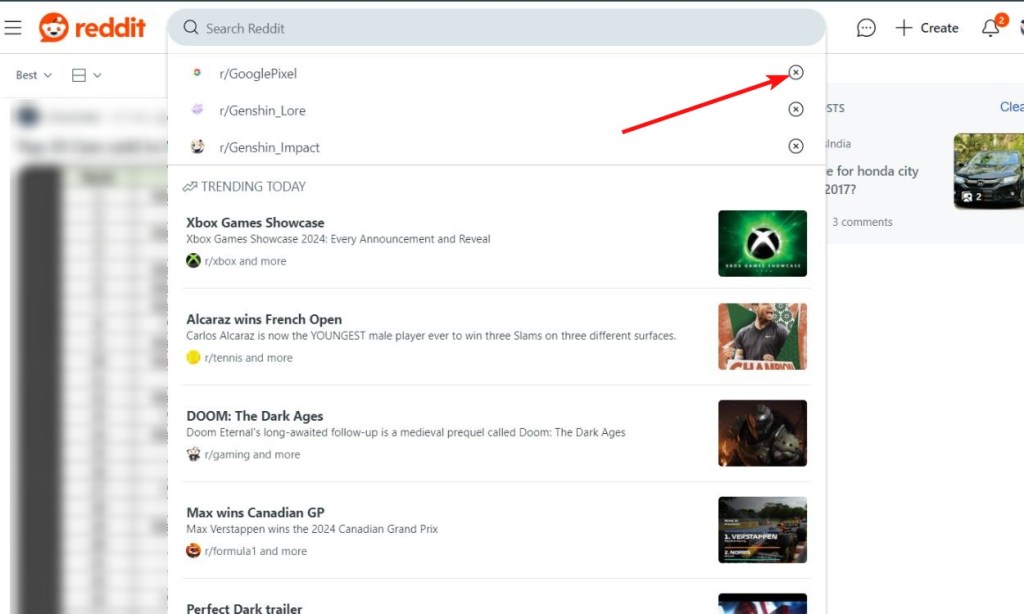 reddit search history click cross icons