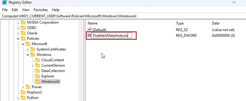 registry entry to disable recall on windows