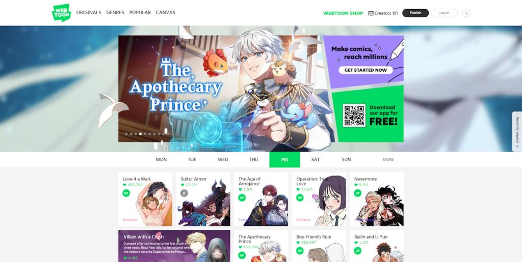 home page of official website of Webtoon