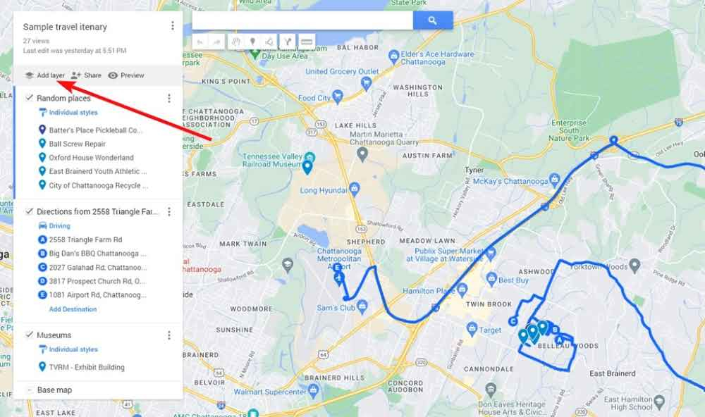 Google Maps trip planner add layer