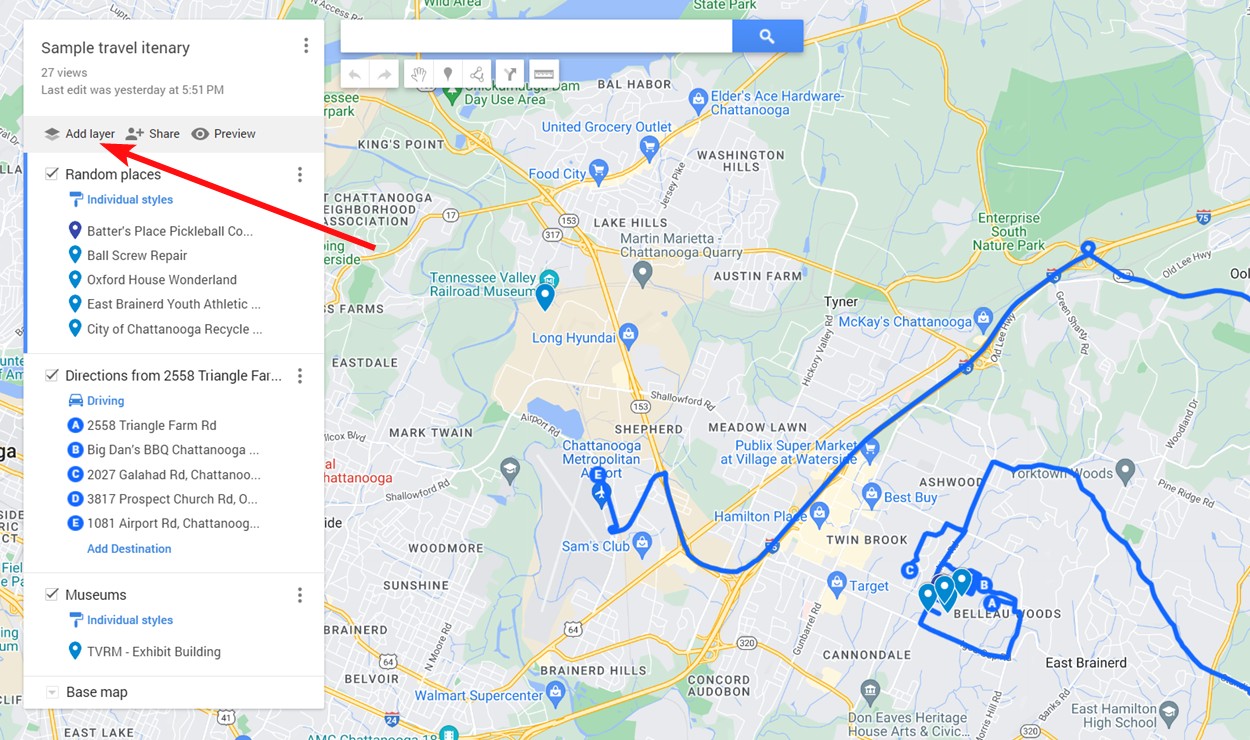 Add a layer on Google Maps for your trip