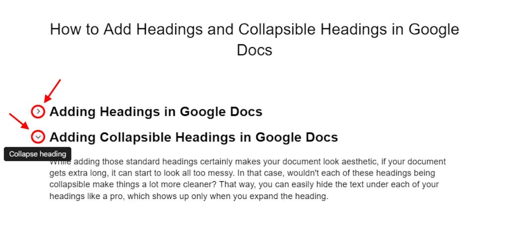 Adding collapsible headings in Google Docs web version