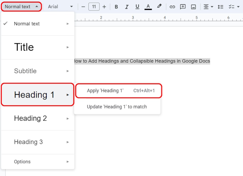 Applying a heading from the toolbar on Google Docs