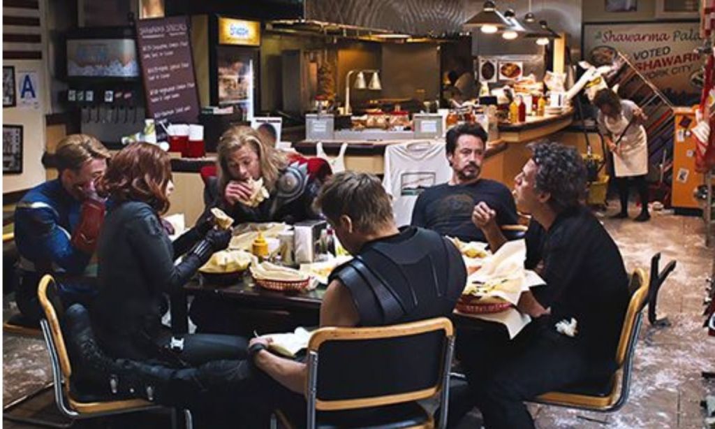 Avengers eating Shwarma in the movie