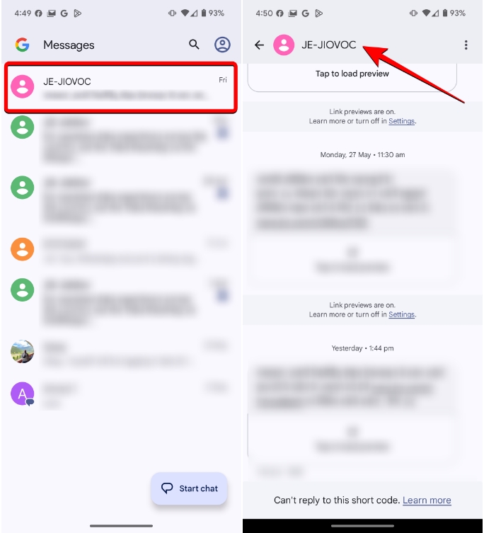 Select Text Messages to block using Google Messages on Android