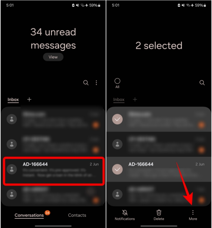 Select Text Messages to block Using Samsung Messages on Android