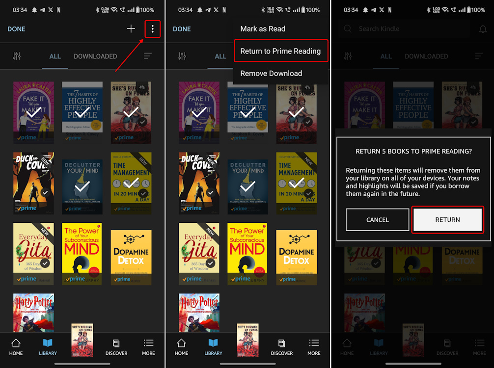 Bulk returning eBooks Prime Reading Kindle Android app