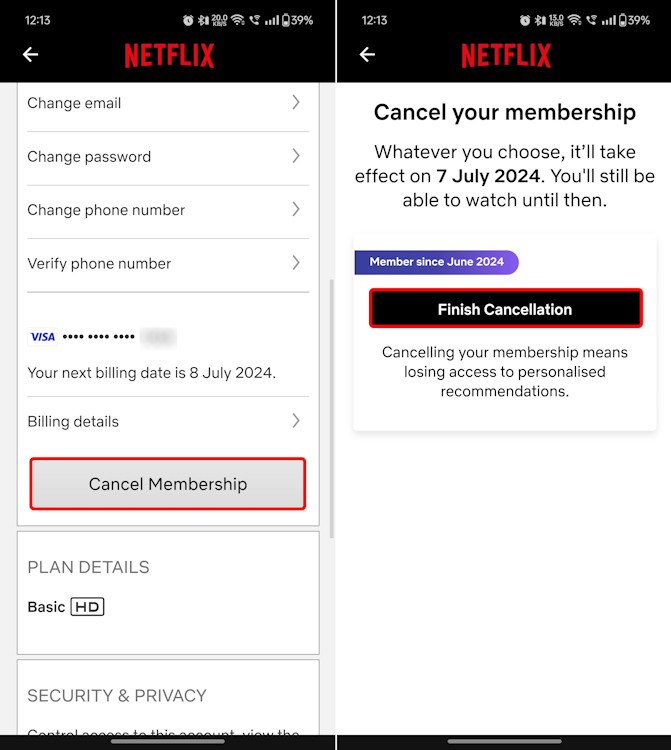 Cancelling your Netflix Membership on Android app