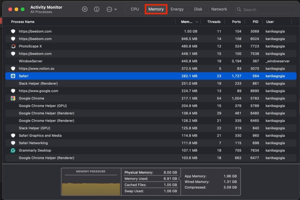 Check RAM usage in Activity Monitor