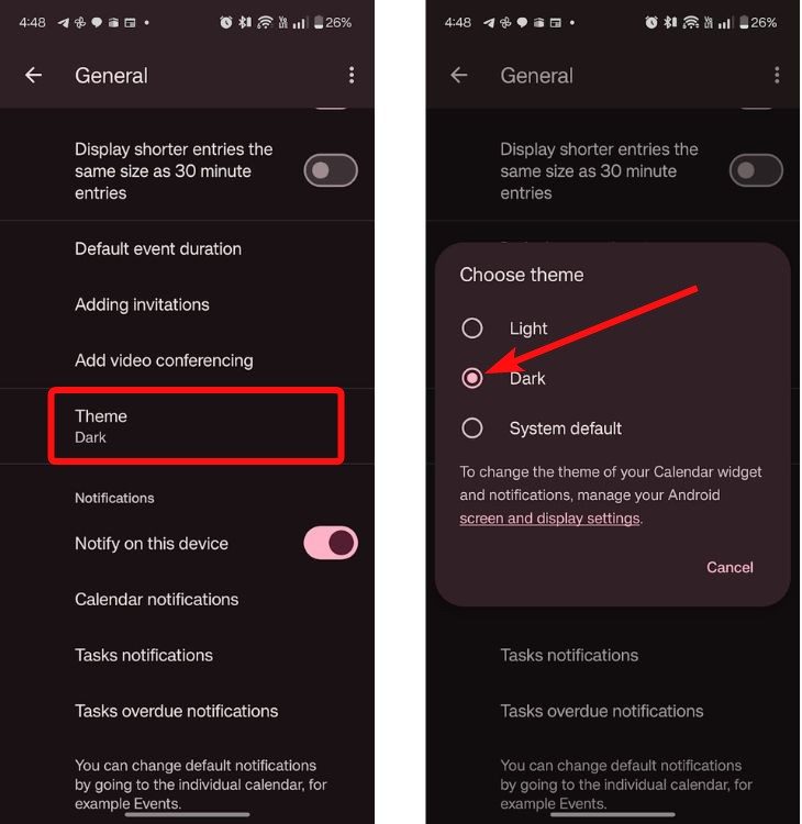 Choose theme - Google Calendar Dark Mode