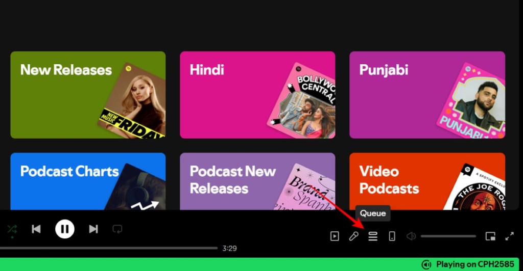 Click on the Queue button on Spotify Web Player