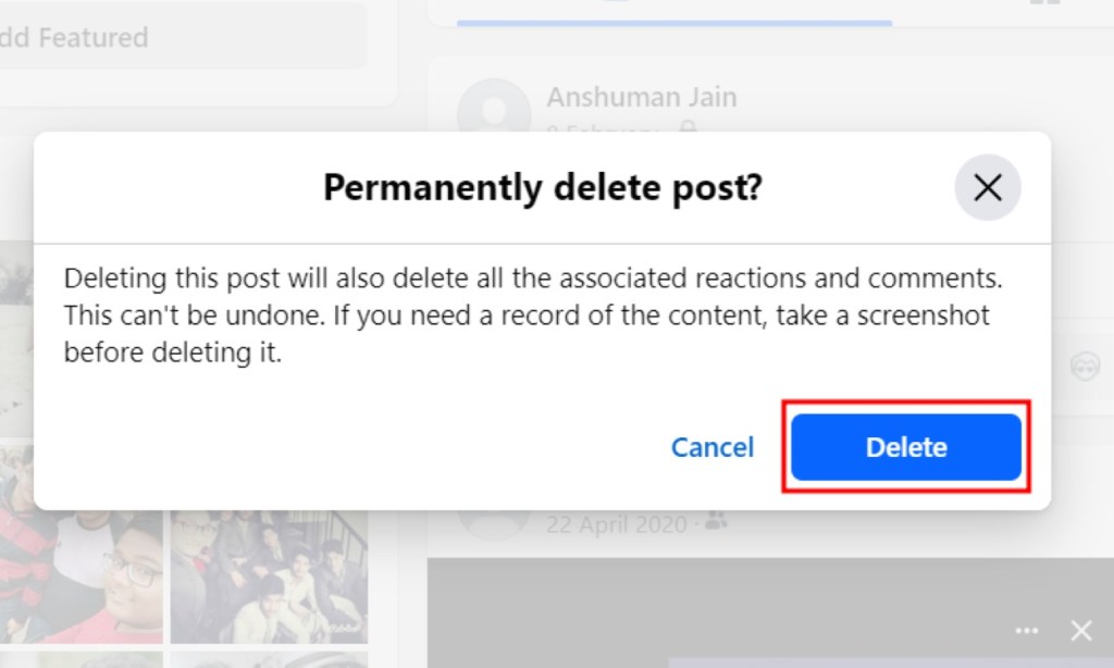 Confirm Delete Post Facebook