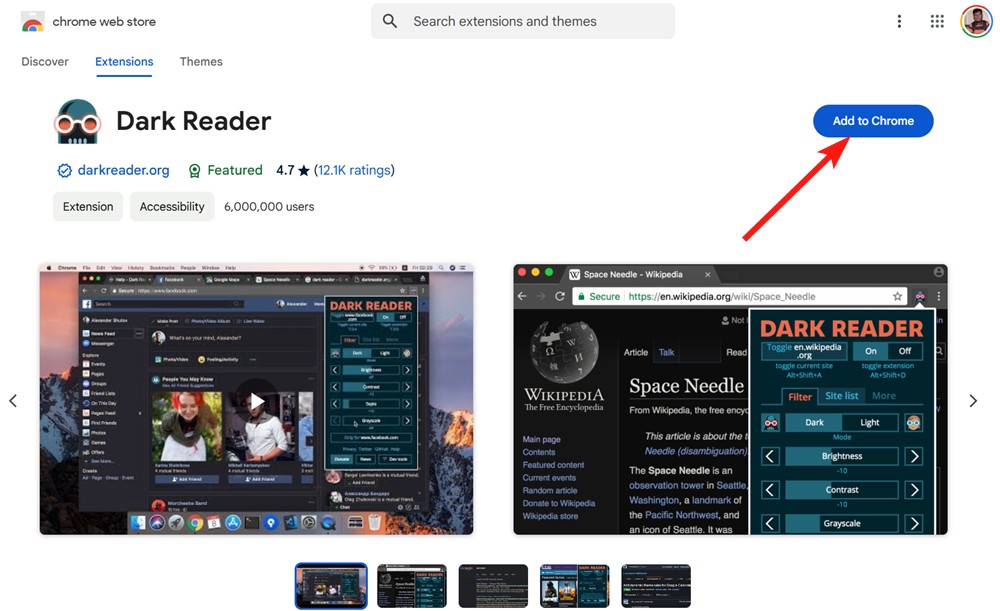 add to chrome button for dark reader extension on web store