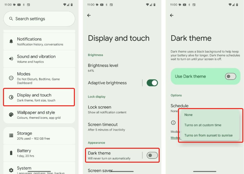 Display settings page with Dark mode toggle