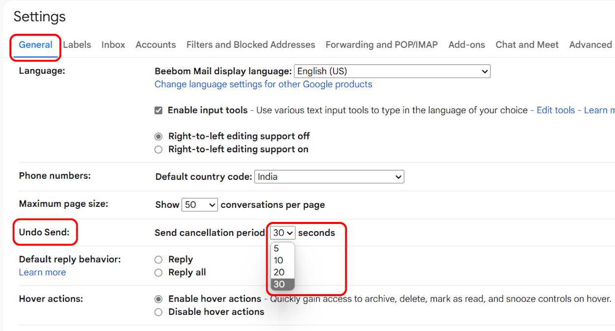 Extending unsend time of emails in Gmail