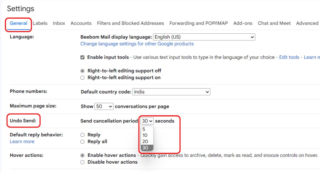 Extending unsend time of emails in Gmail