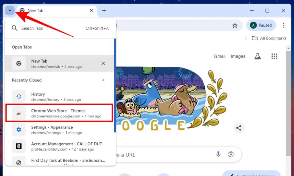 Go to Recent Tabs Menu in Google Chrome to reopen a closed tab