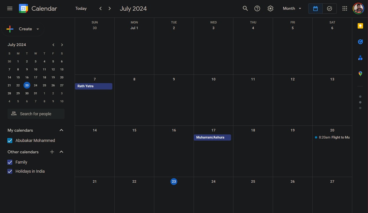 Google Calendar Dark Theme on PC