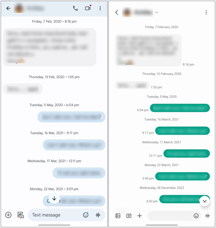 Google Messages vs Samsung Messages Conversation Screen