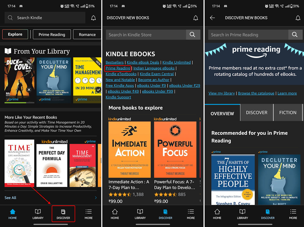 How to get to Prime Reading catalog on Amazon Kindle mobile app