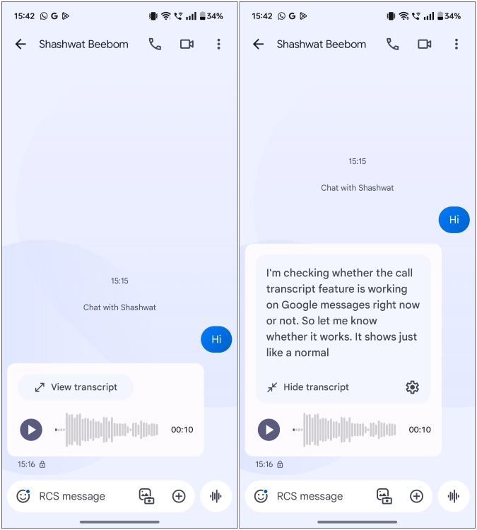 Message transcripts in Google Messages