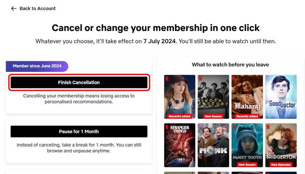 Netflix Web Finish Cancellation confirmation page