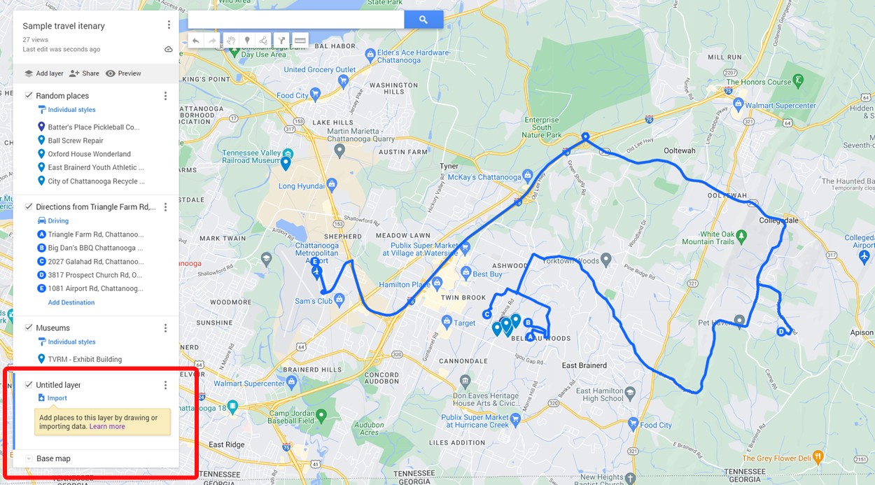 Create a new layer on Google Maps for your trip