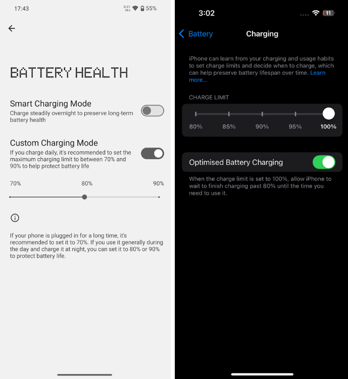 Nothing OS 2.6 vs iOS 18 Charge Limit Battery Health Feature