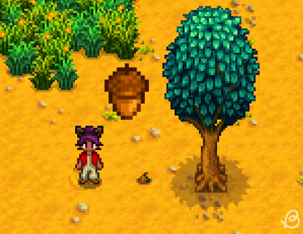 Player next to an oak tree and an acorn image above them in Stardew Valley