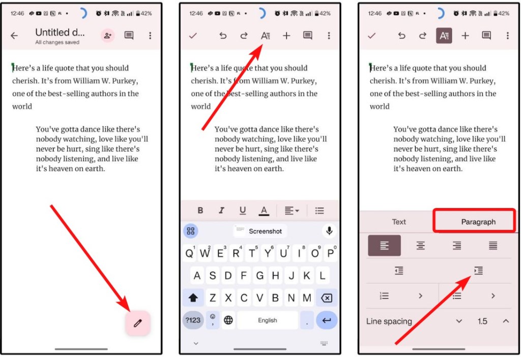 Paragraph and hanging indent indent Google Docs mobile