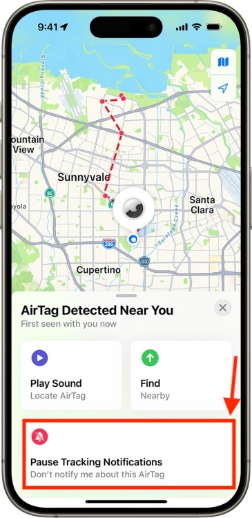 Pause Tracking Notifications on AirTag