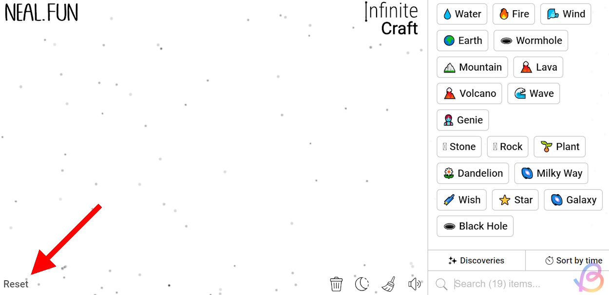 Reset Infinite Craft with the Reset button in the bottom left corner