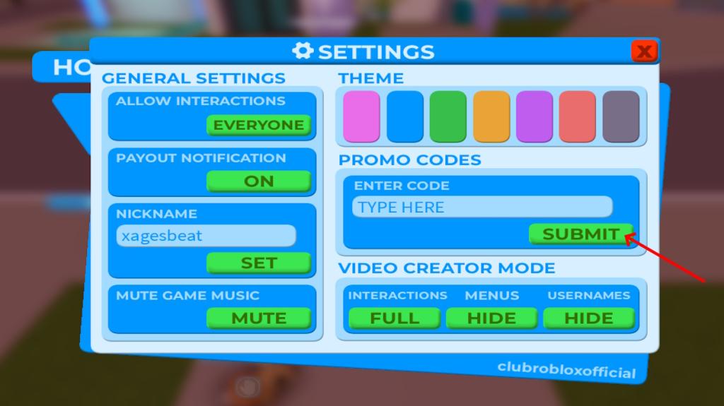 Redeem codes in Club Roblox