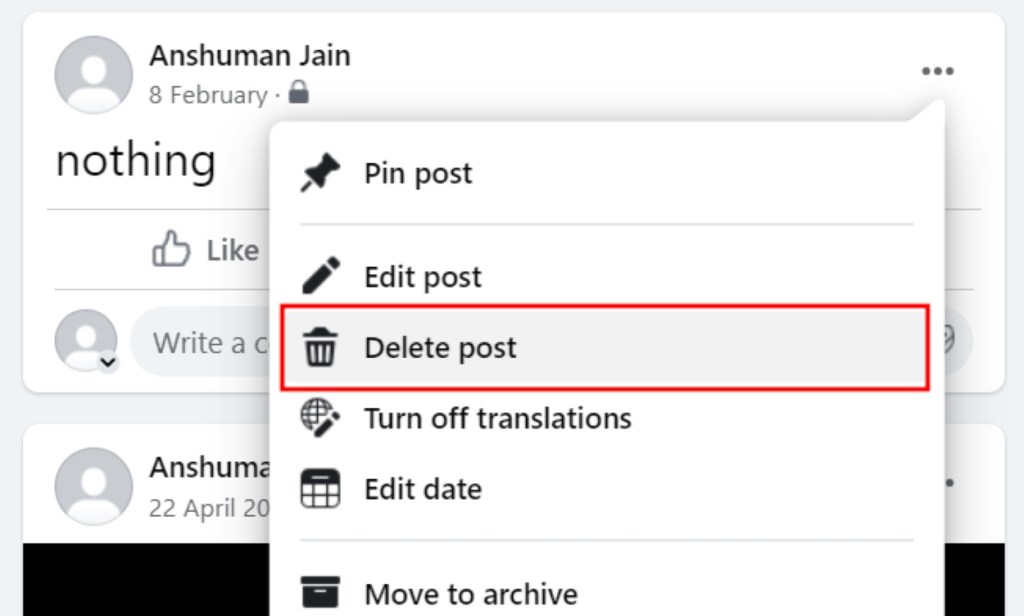 Select Delete Post Option Facebook