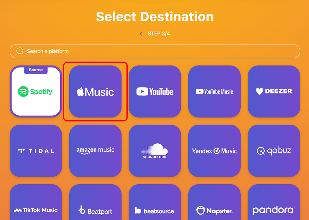 Selecting Apple Music as the destination on Tune My Music