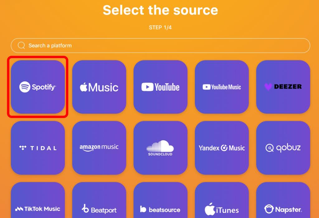 Selecting Spotify as the source in Tune My Music