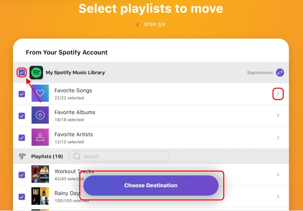 Selecting Spotify Playlists and choosing destination on Tune My Music