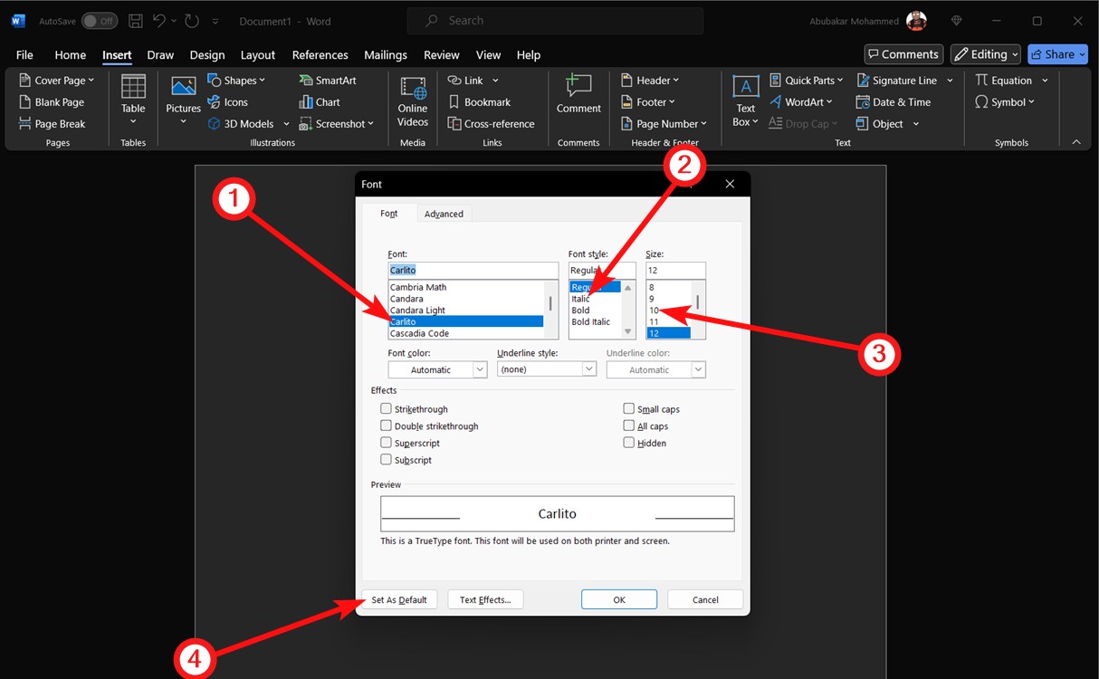 how can you change the default font in microsoft word