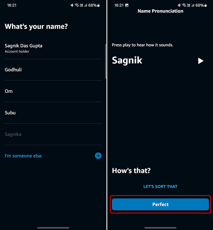 Setting up name on Alexa app