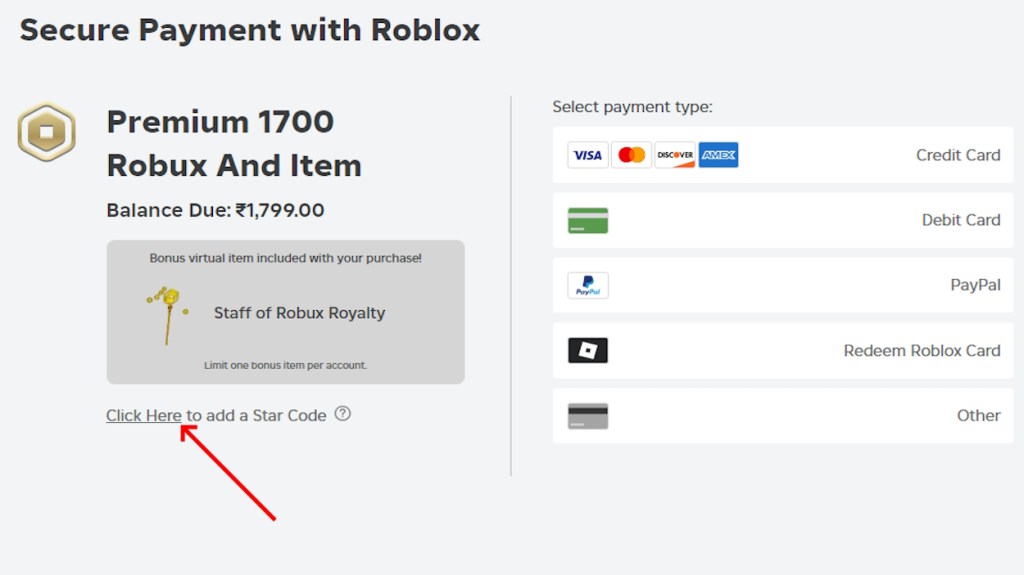 Star Code option in Roblox website