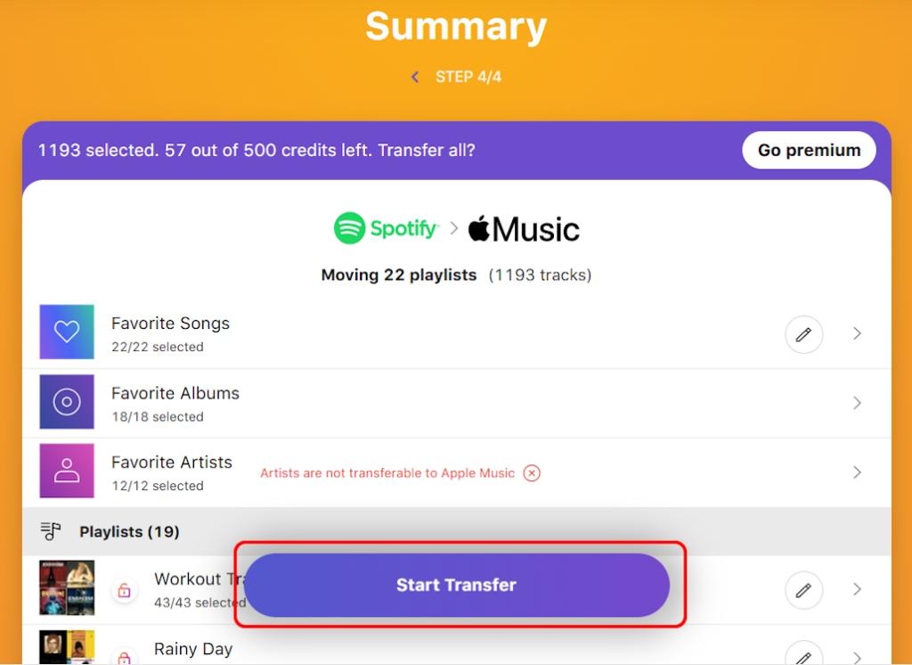 Start Spotify to Apple Music playlists transfer on Tune My Music