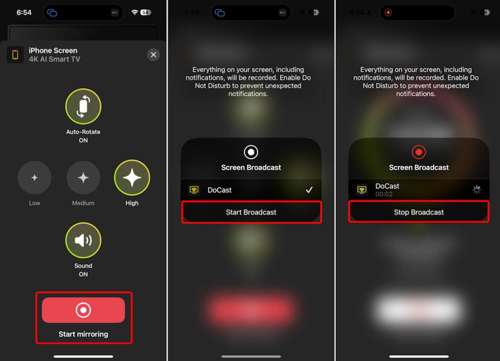 Start and stop screen mirroring of iPhone to TV with DoCast