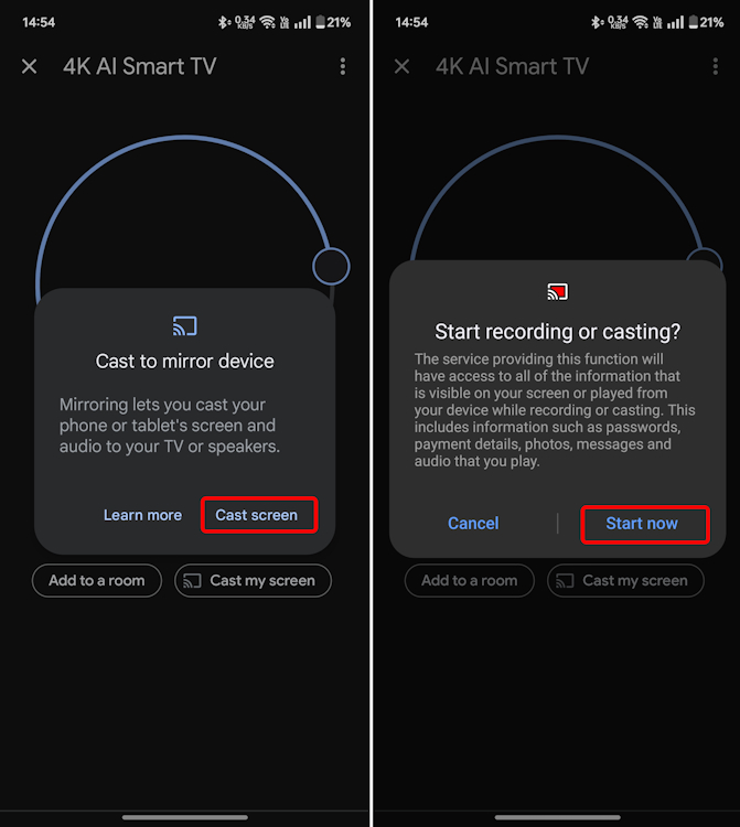 Start screen mirroring from Android phone to TV via Google Home